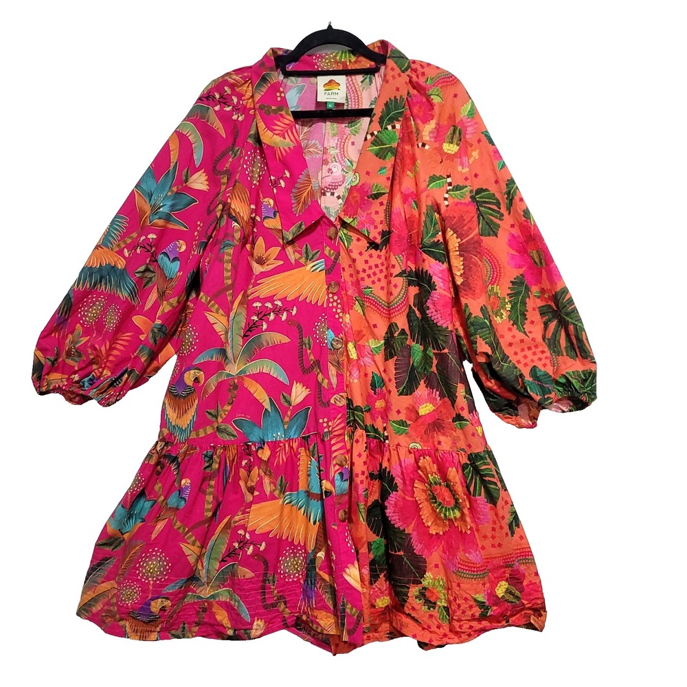 Tropical color block mini Shirt Dress Farm Rio XL anthropologie Toucan Birds